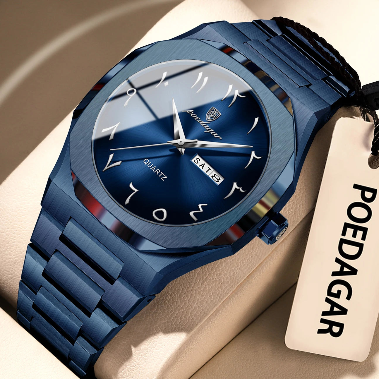 Irregular Shape Full Calendar Watch – Date & Week Display with Hidden Clasp