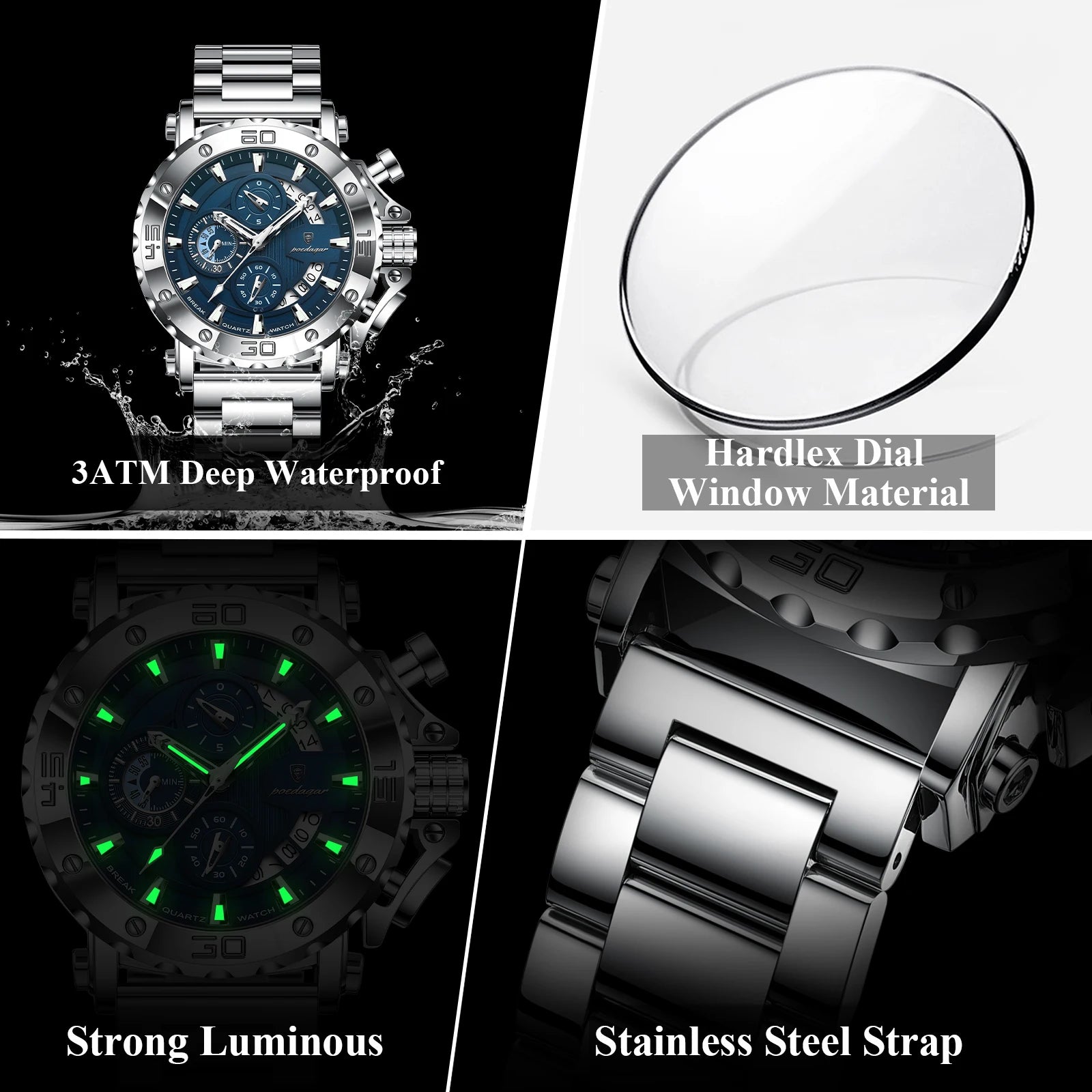 Large Chronograph Watch – Luminous Numberless Dial with Hidden Clasp