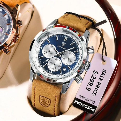 Chronograph Leather Watch – Full Calendar with Luminous Dial