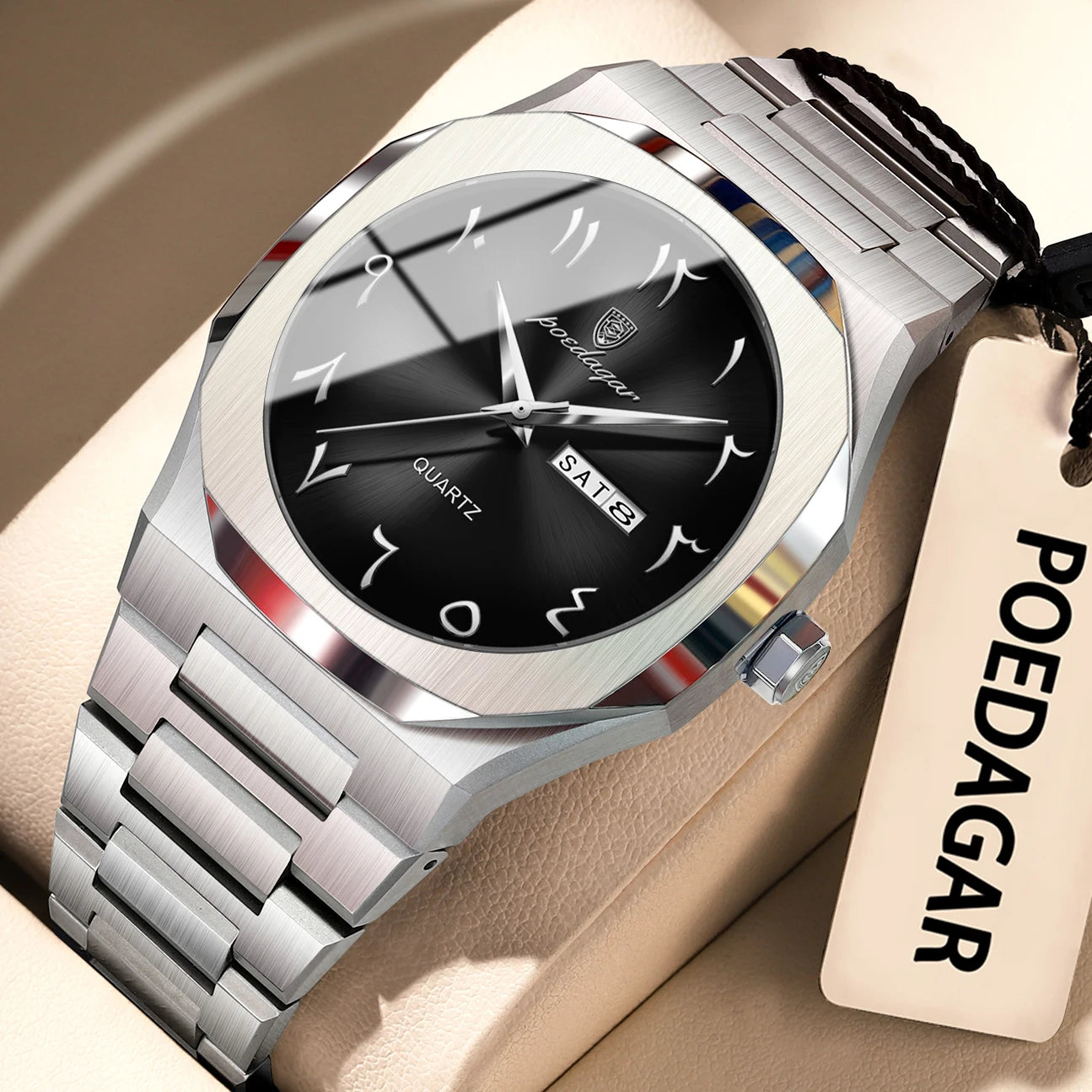 Irregular Shape Full Calendar Watch – Date & Week Display with Hidden Clasp