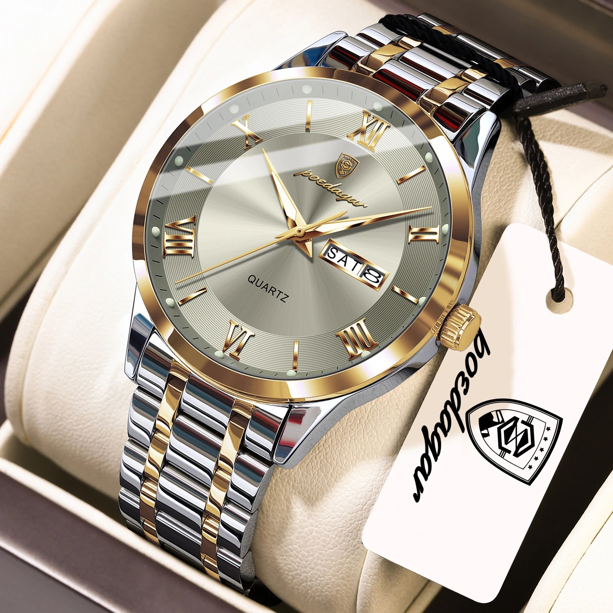 Full Calendar Stainless Steel Watch – Luminous Dial with Date, Week & Hidden Clasp