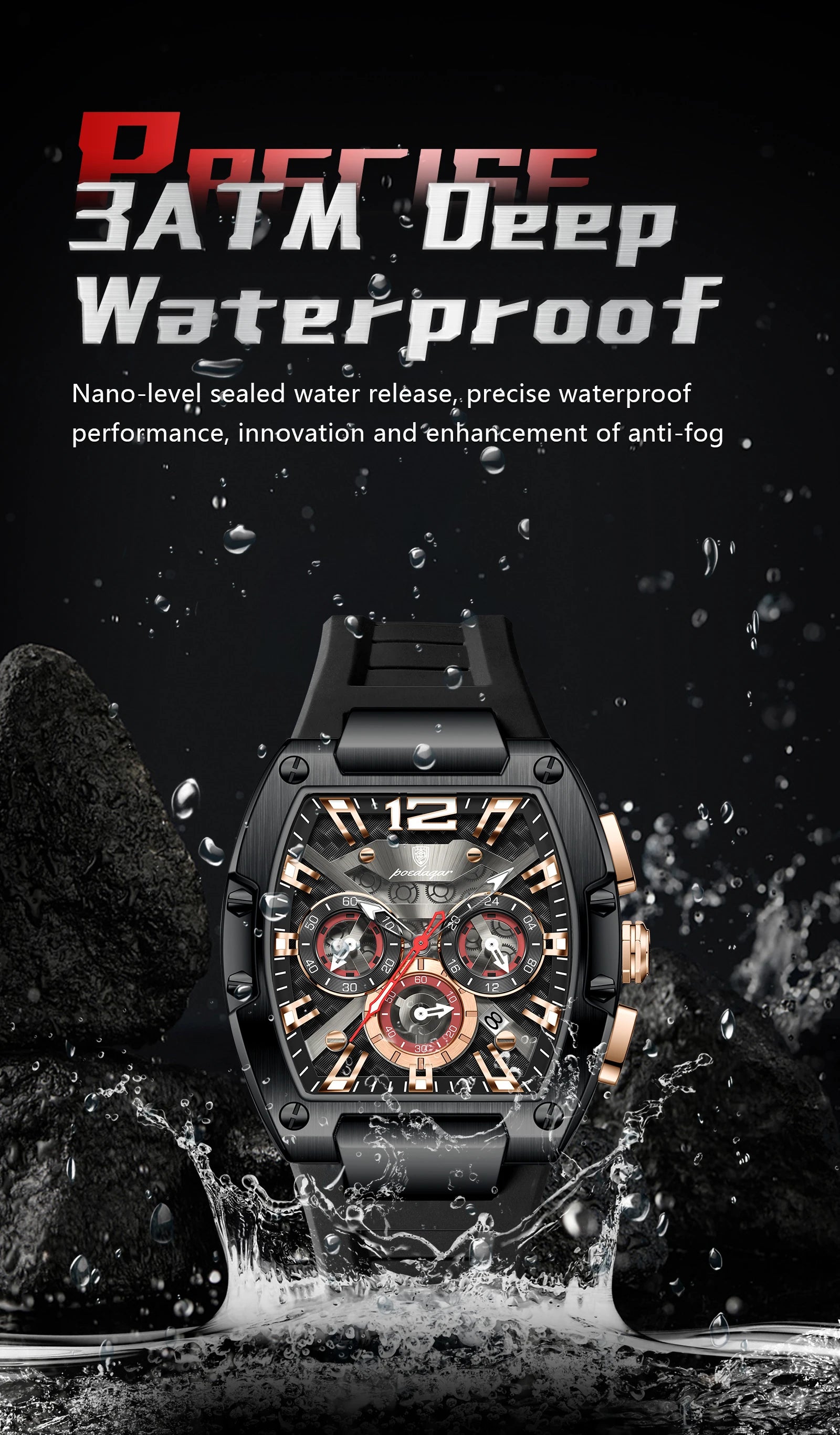 Tonneau Chronograph Watch – Roman Numeral Dial with Sapphire Crystal & Silicone Strap