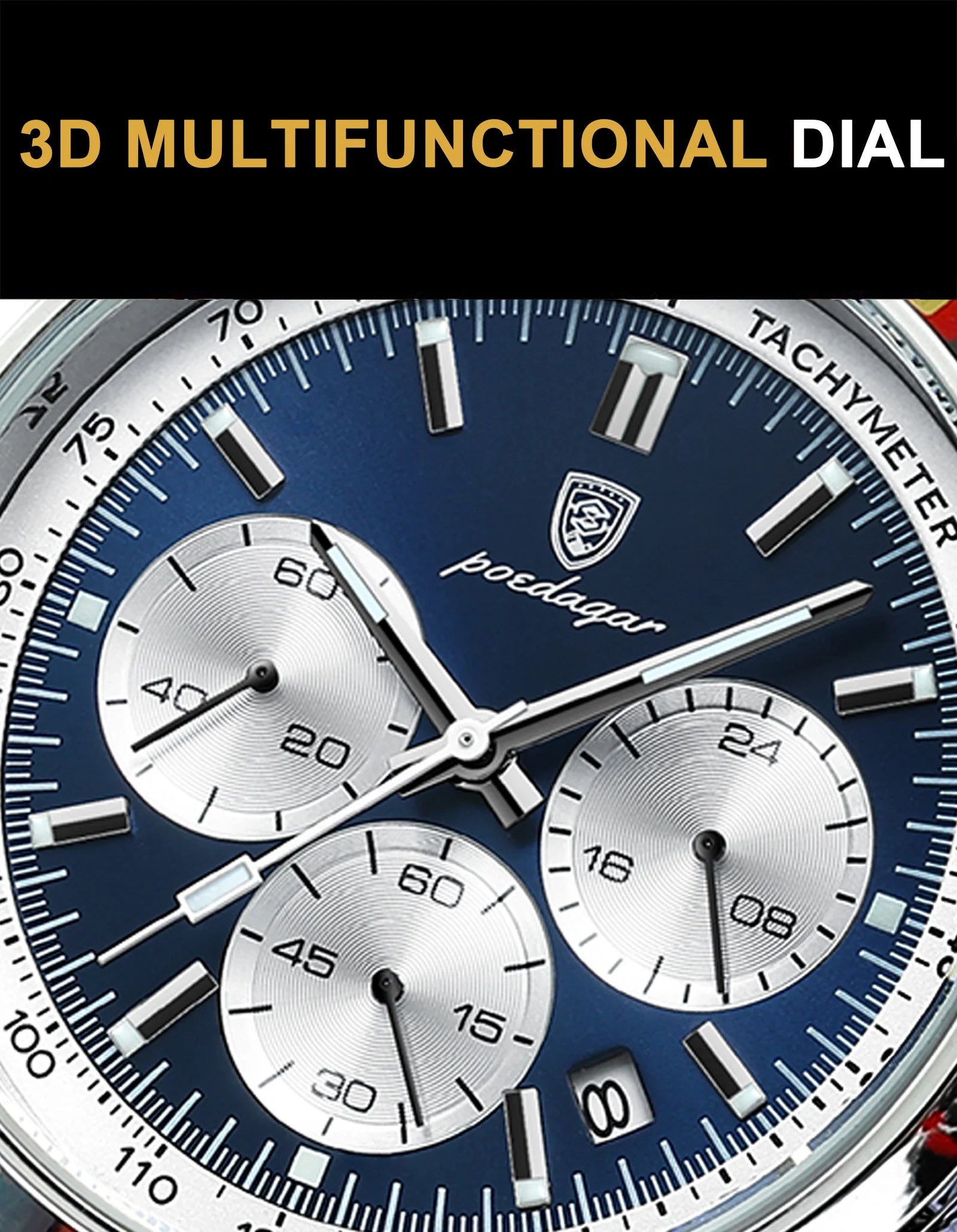 Chronograph Leather Watch – Luminous Numberless Dial with Date