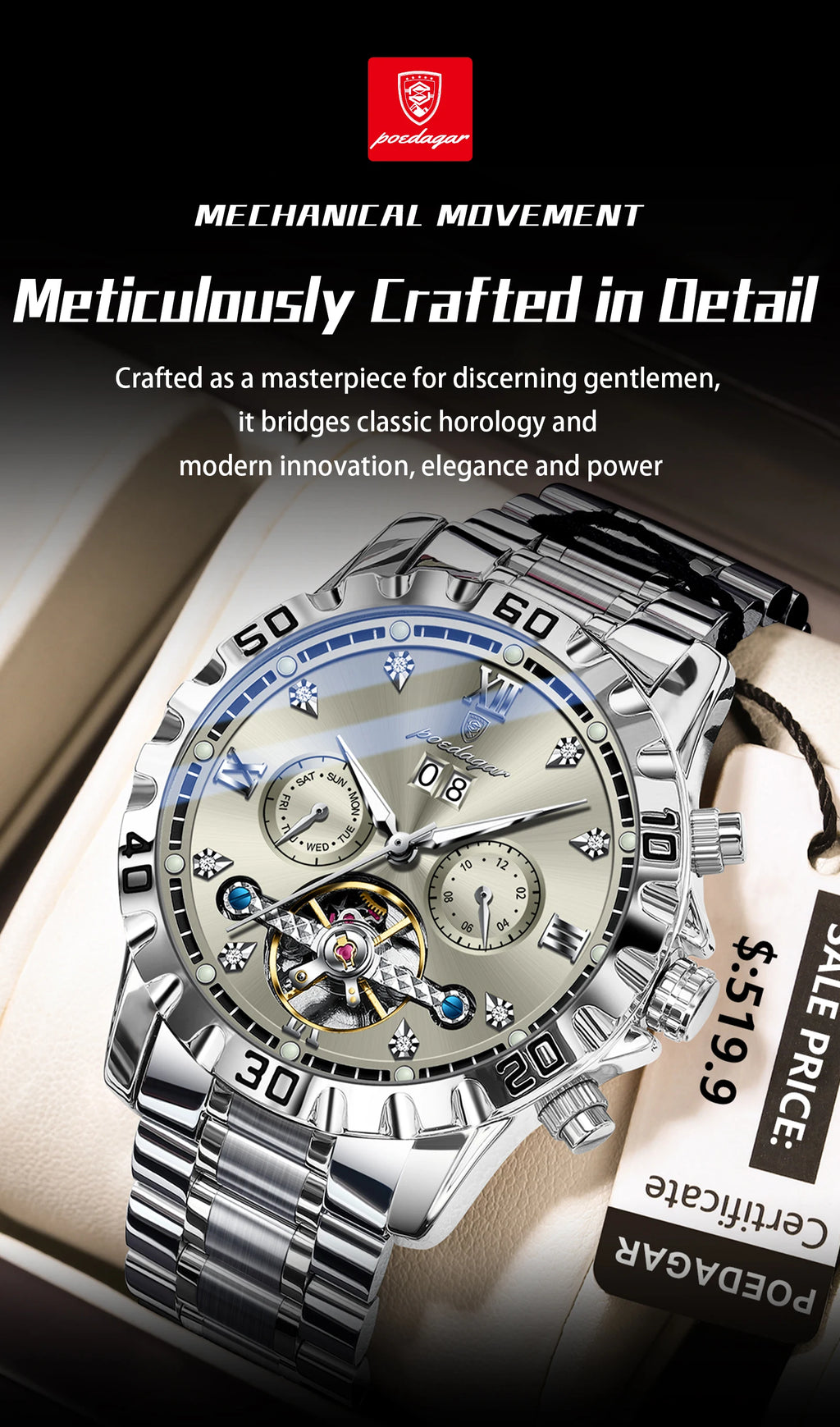 Automatic Tourbillon Style Watch – Sapphire Crystal with Week Display & Hidden Clasp