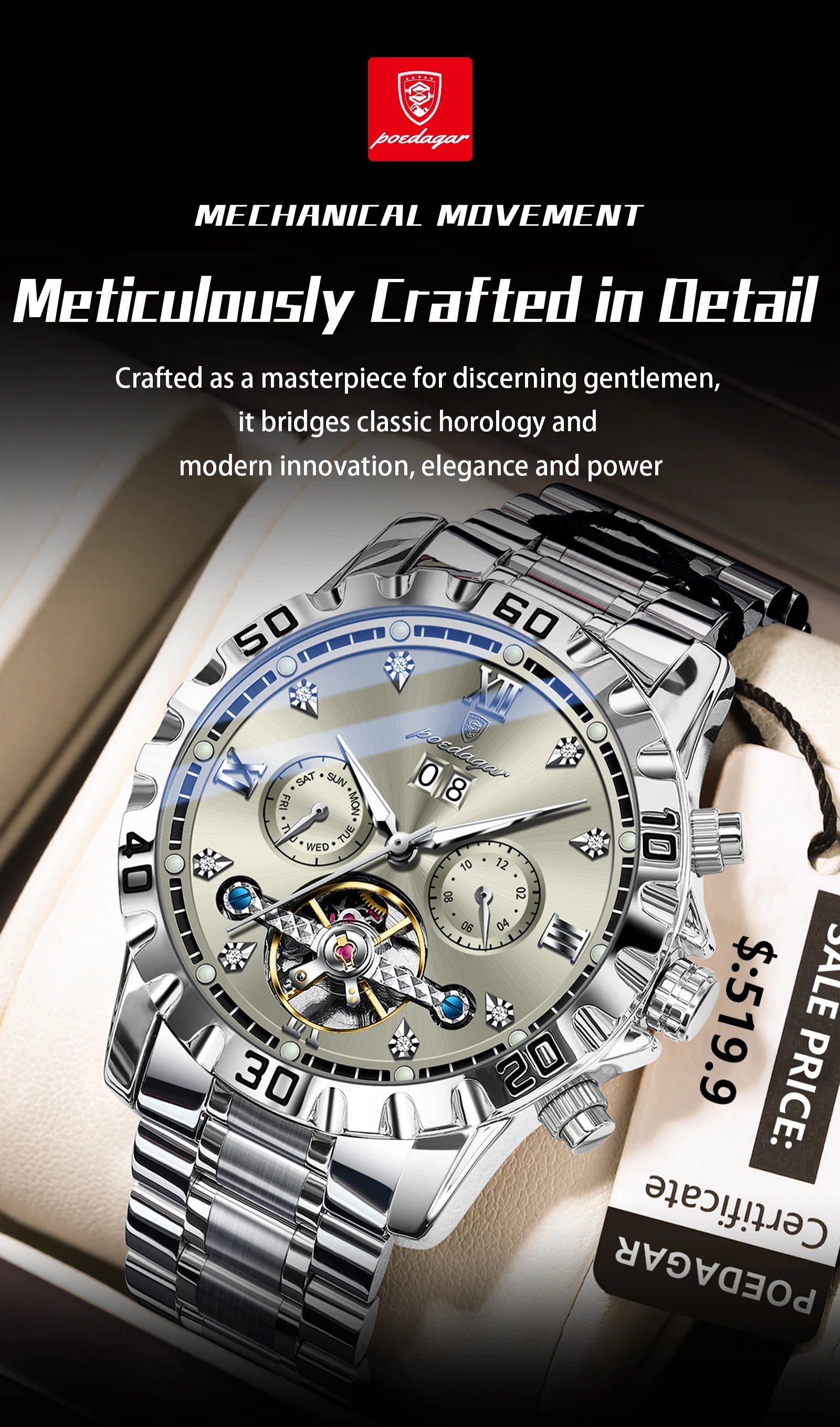 Automatic Tourbillon Style Watch – Sapphire Crystal with Week Display & Hidden Clasp