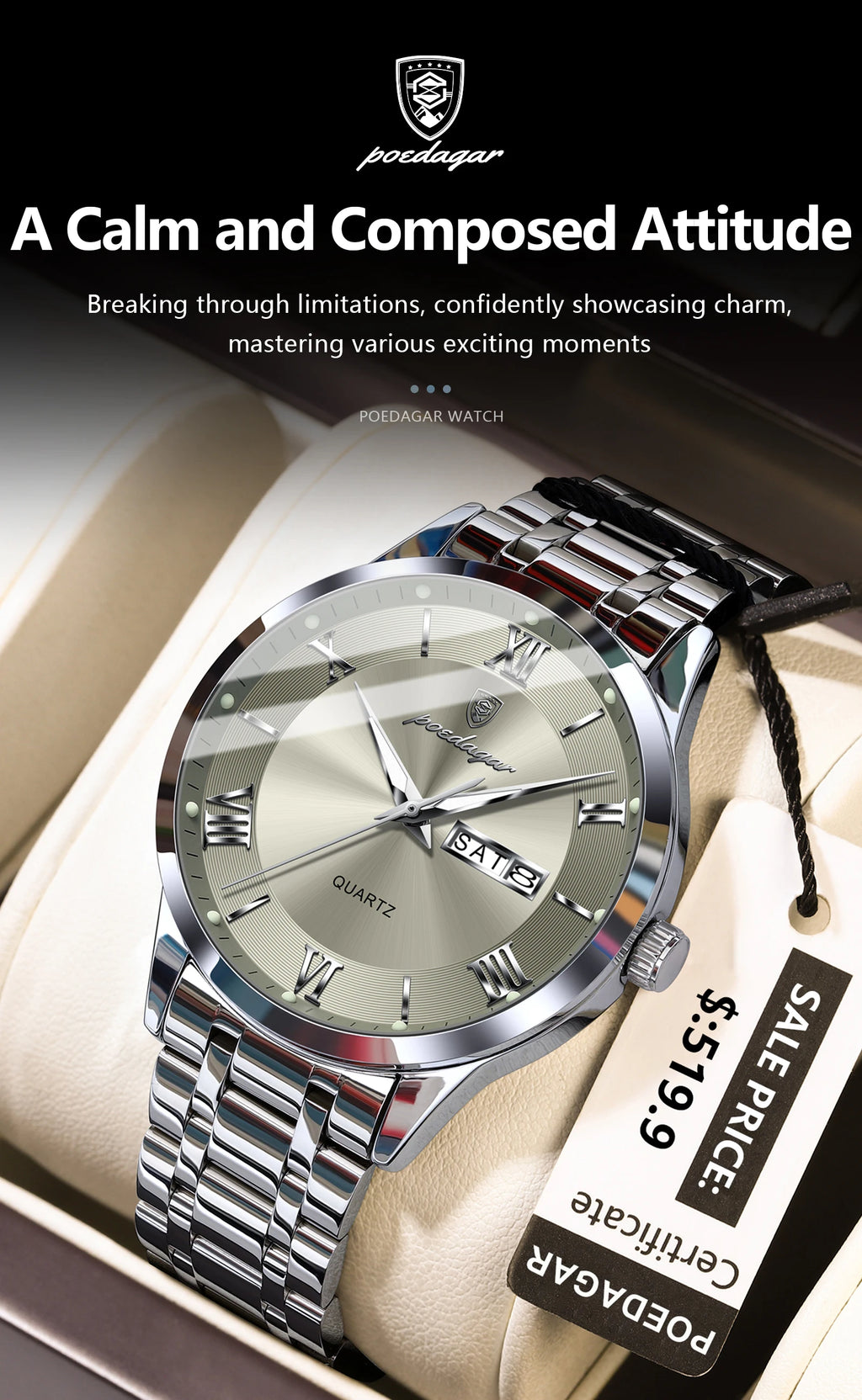 Roman Numeral Full Calendar Watch – Luminous Dial with Date, Week & Hidden Clasp