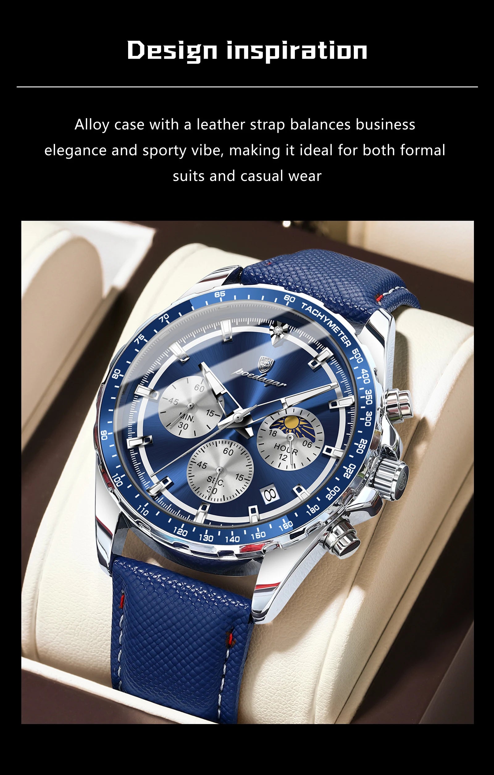 Premium Leather Chronograph Watch – Luminous Dial, Date Display, Quartz Movement