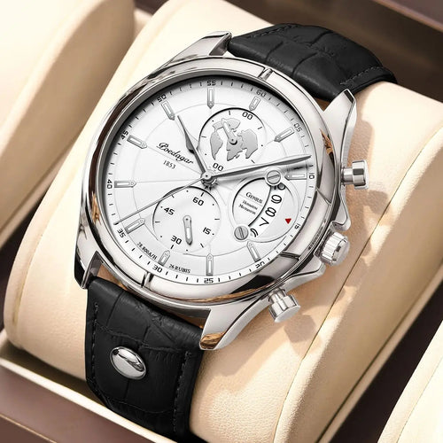Chronograph Leather Watch – Full Calendar & Luminous Dial