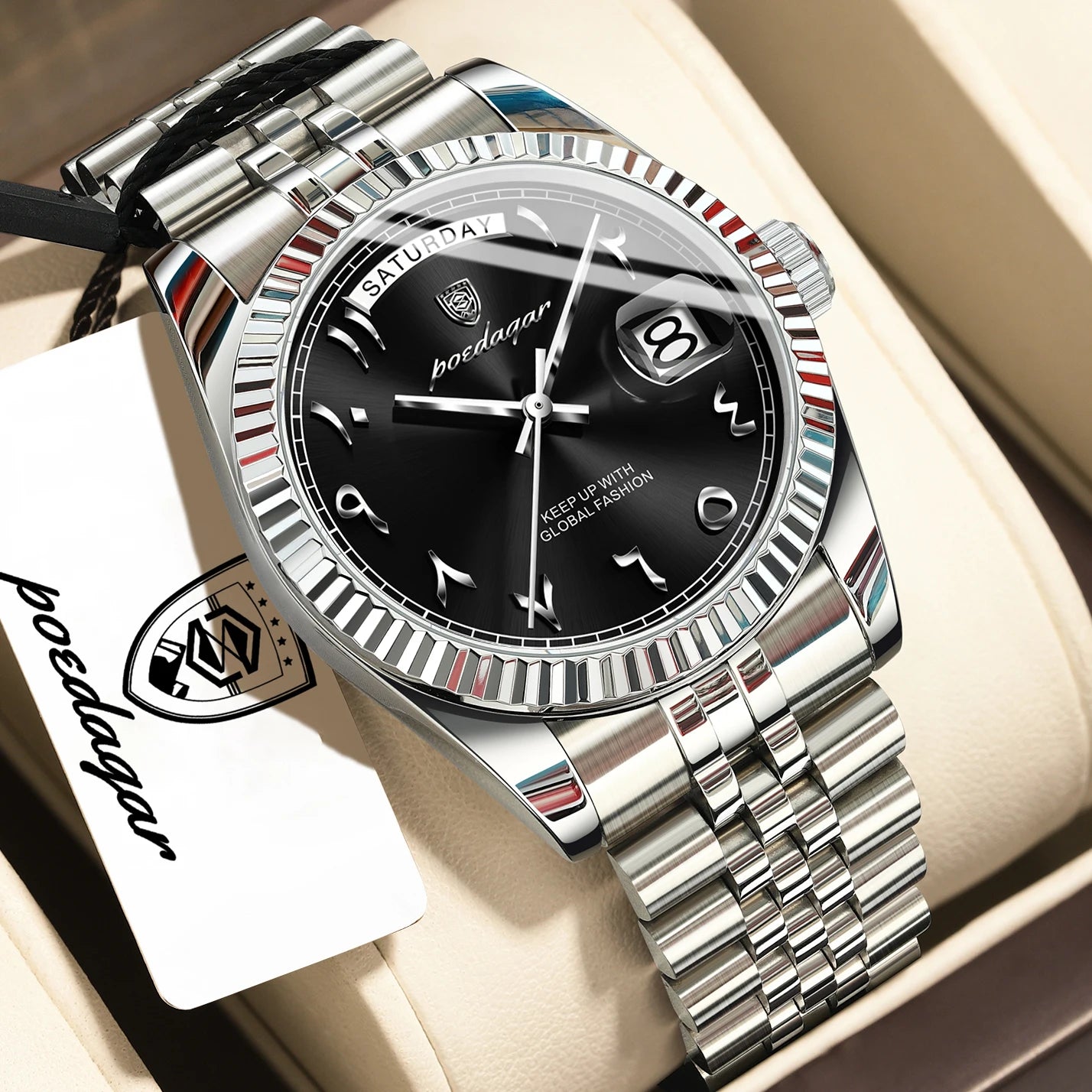 Full Calendar Slim Watch – Date & Week Display with Hidden Clasp Bracelet