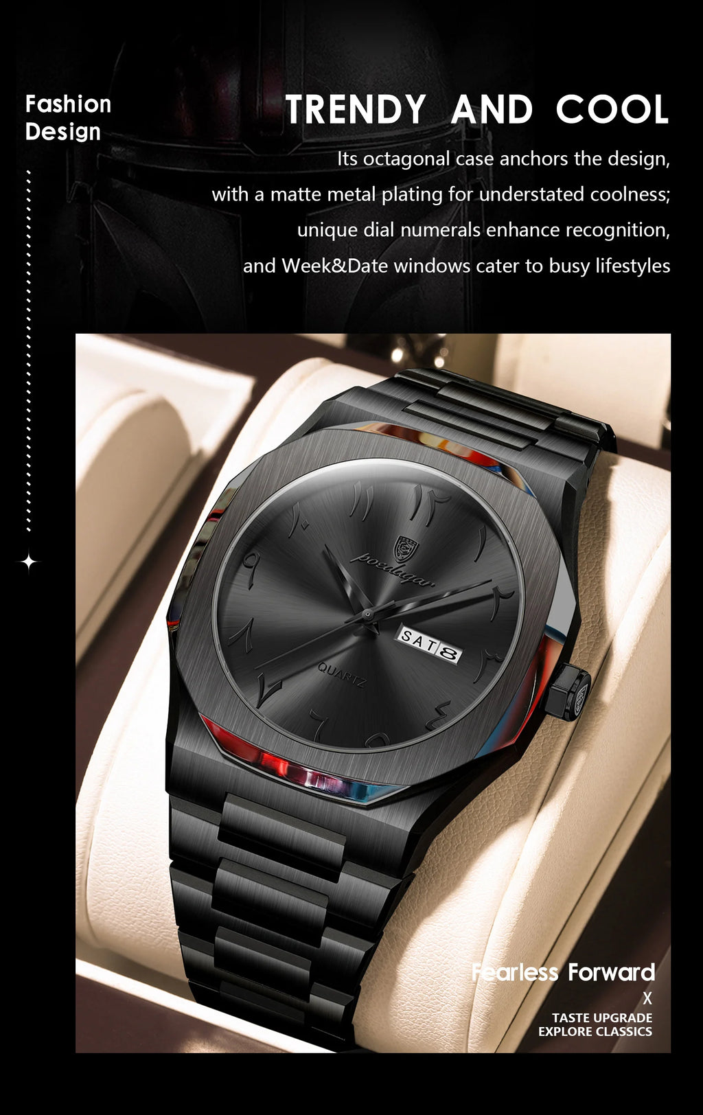 Irregular Shape Full Calendar Watch – Date & Week Display with Hidden Clasp