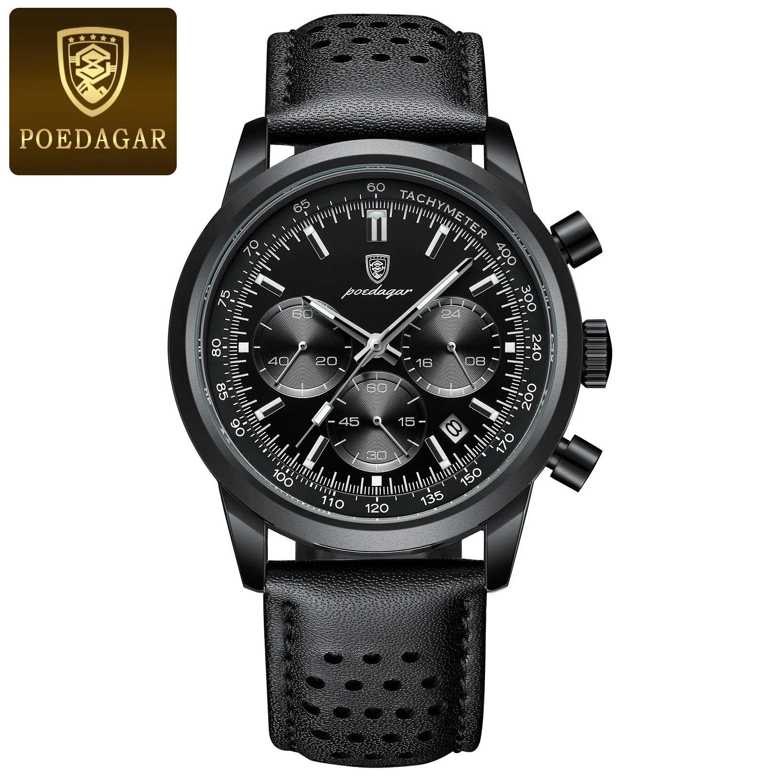 Chronograph Leather Watch – Luminous Numberless Dial with Date