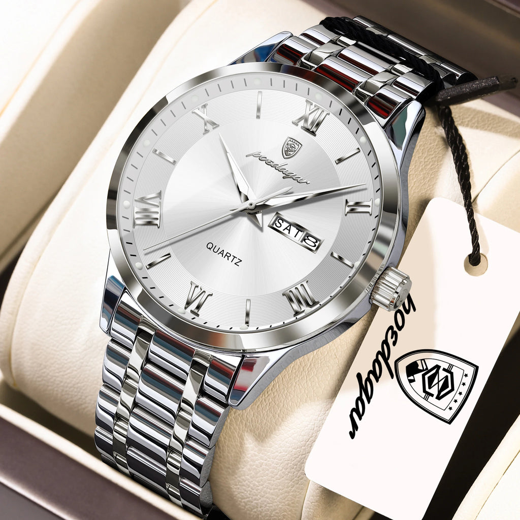 Full Calendar Stainless Steel Watch – Luminous Dial with Date, Week & Hidden Clasp