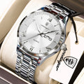 Full Calendar Stainless Steel Watch – Luminous Dial with Date, Week & Hidden Clasp
