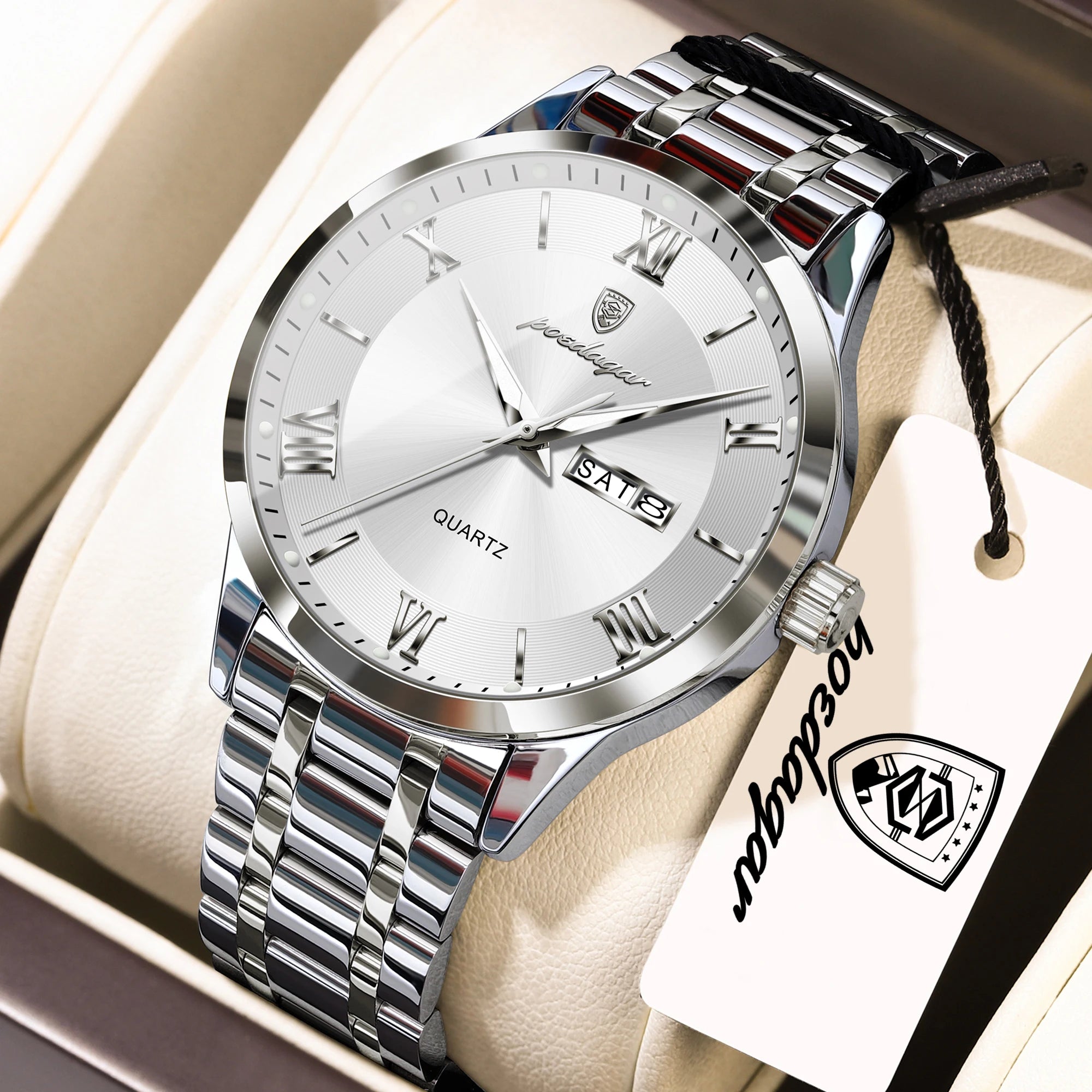 Full Calendar Stainless Steel Watch – Luminous Dial with Date, Week & Hidden Clasp