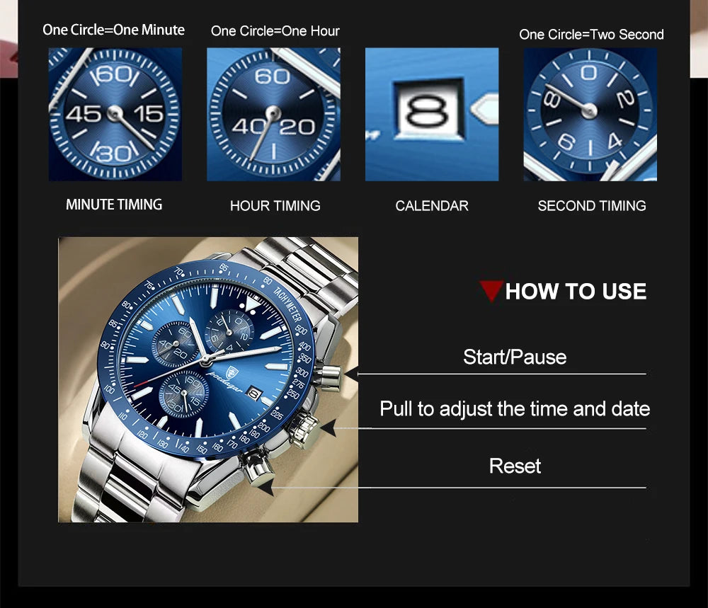 Dress Chronograph Watch – Luminous Dial with Safety Clasp Bracelet