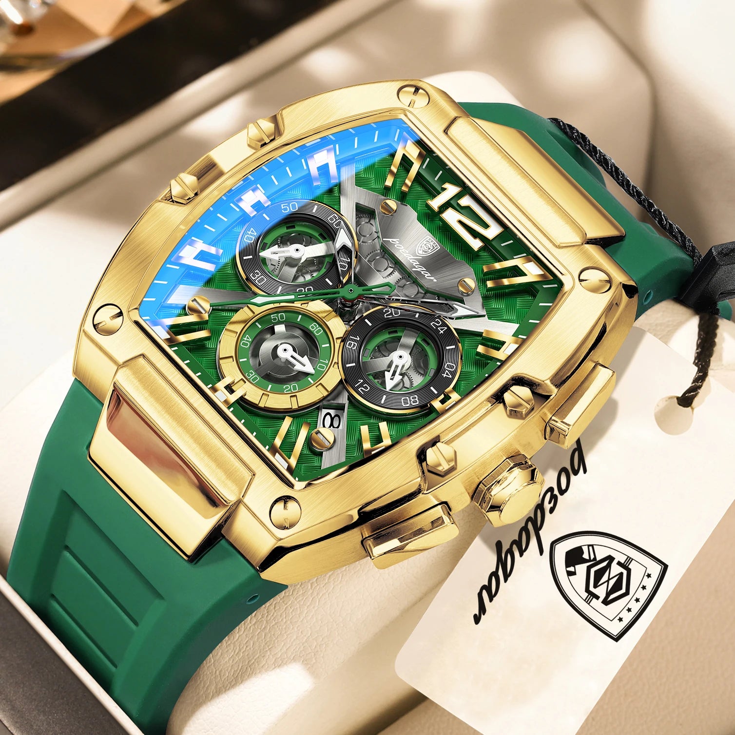 Bold Tonneau Timepiece – Luminous Chronograph with Premium Silicone Strap