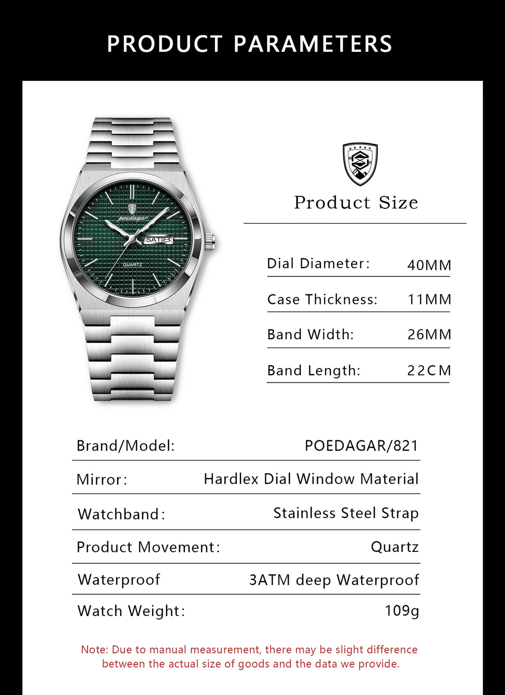 Full Calendar Stainless Steel Watch – Luminous Dial with Date, Week & Hidden Clasp