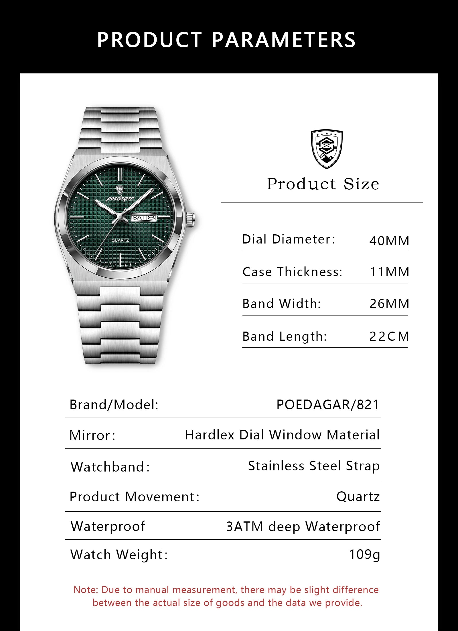 Full Calendar Stainless Steel Watch – Luminous Dial with Date, Week & Hidden Clasp