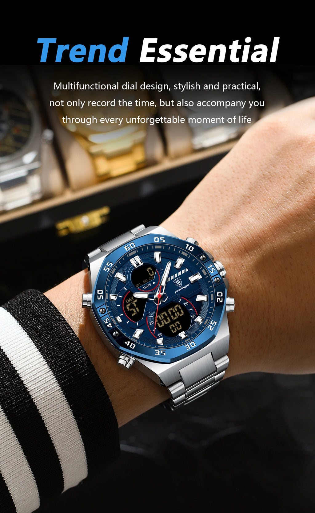 LED Analog-Digital Chronograph Watch – Full Calendar with Alarm & Bracelet