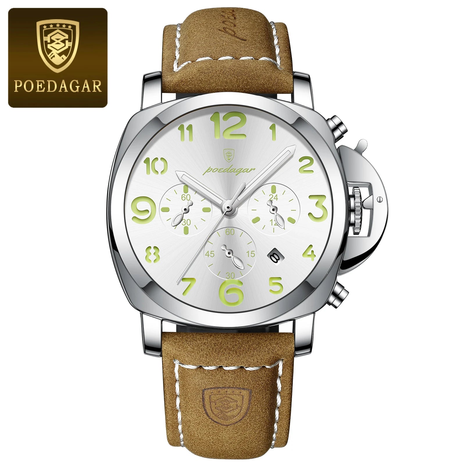 Chronograph Leather Watch – Bold Arabic Dial with Date & Luminous Hands