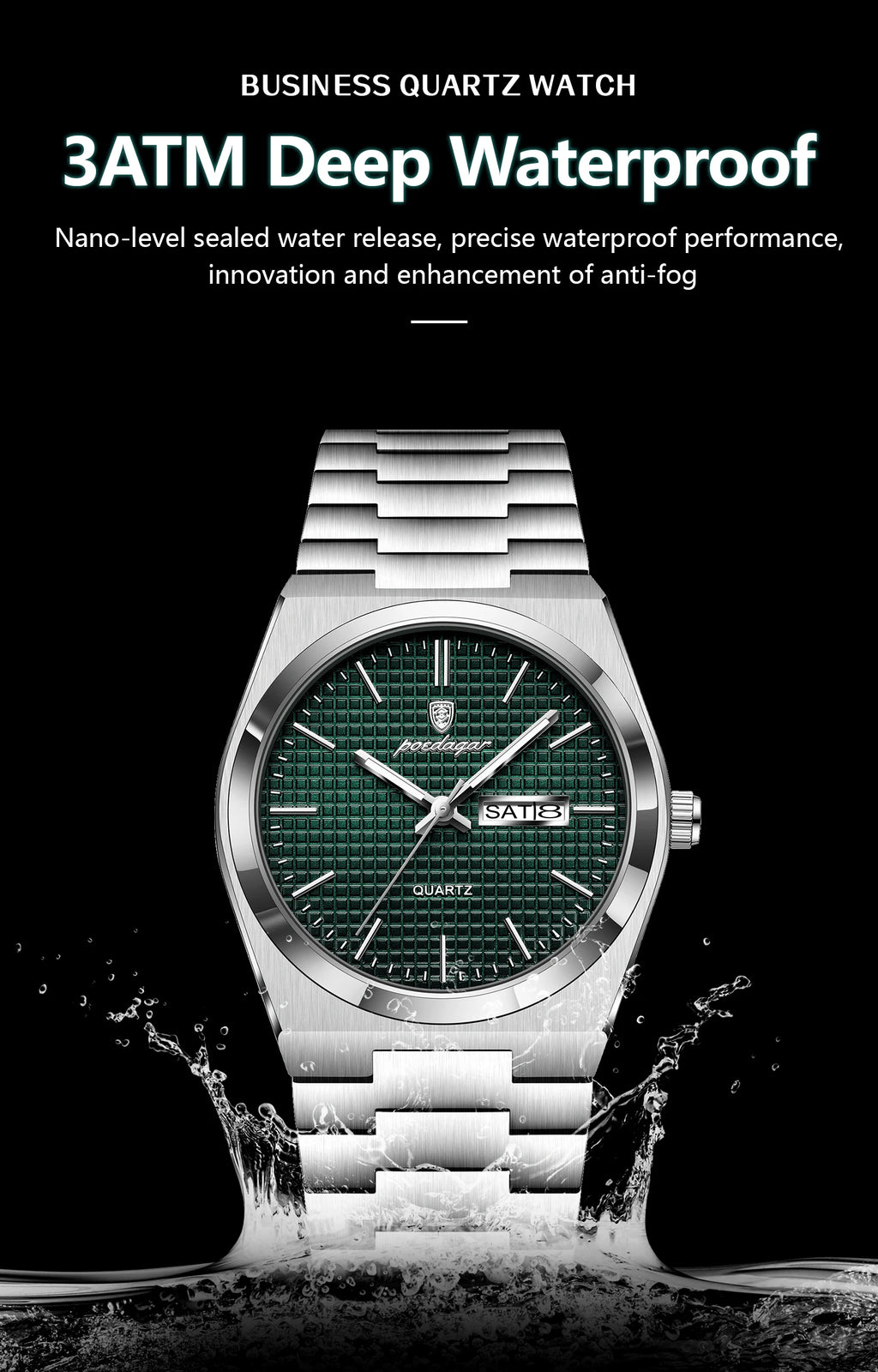 Full Calendar Stainless Steel Watch – Luminous Dial with Date, Week & Hidden Clasp