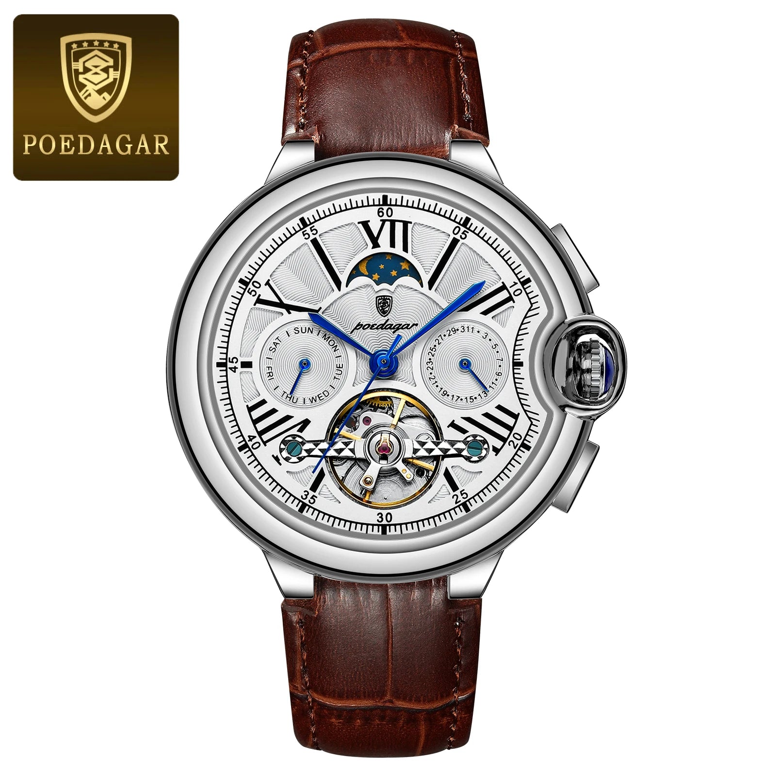 Automatic Skeleton Watch – Tourbillon Style with Moon Phase & Full Calendar