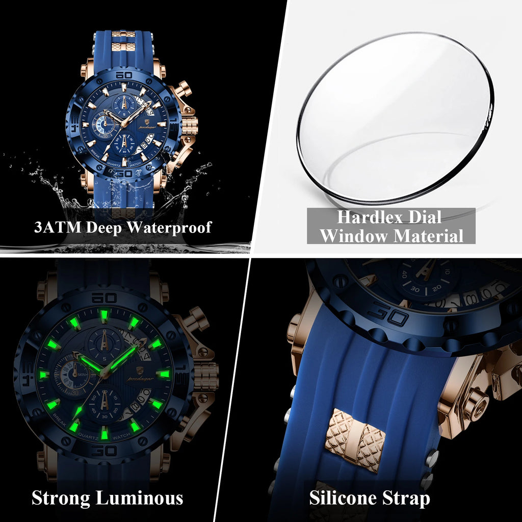 Large Chronograph Sport Watch – Full Calendar with Silicone Strap & Luminous Dial