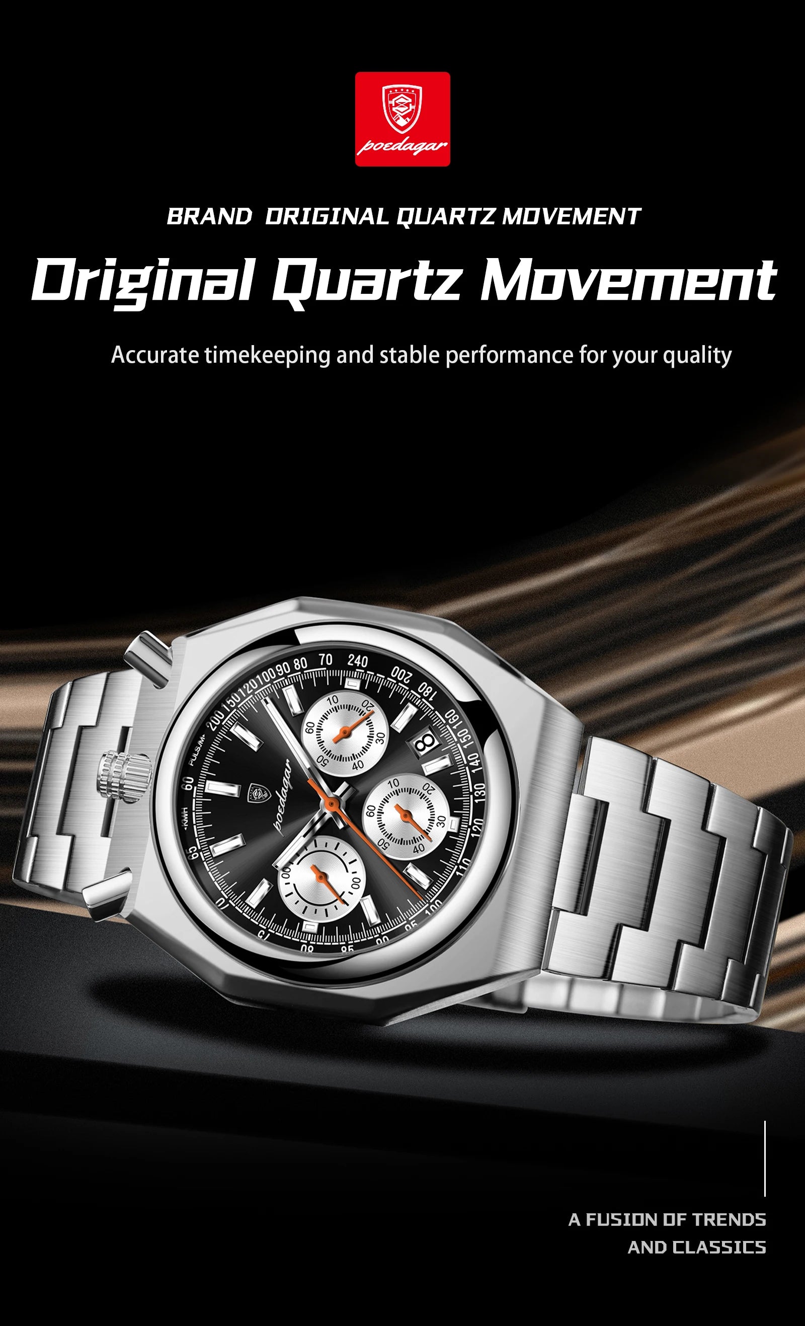 Irregular Chronograph Watch – Bold Numberless Dial with Hidden Clasp Bracelet
