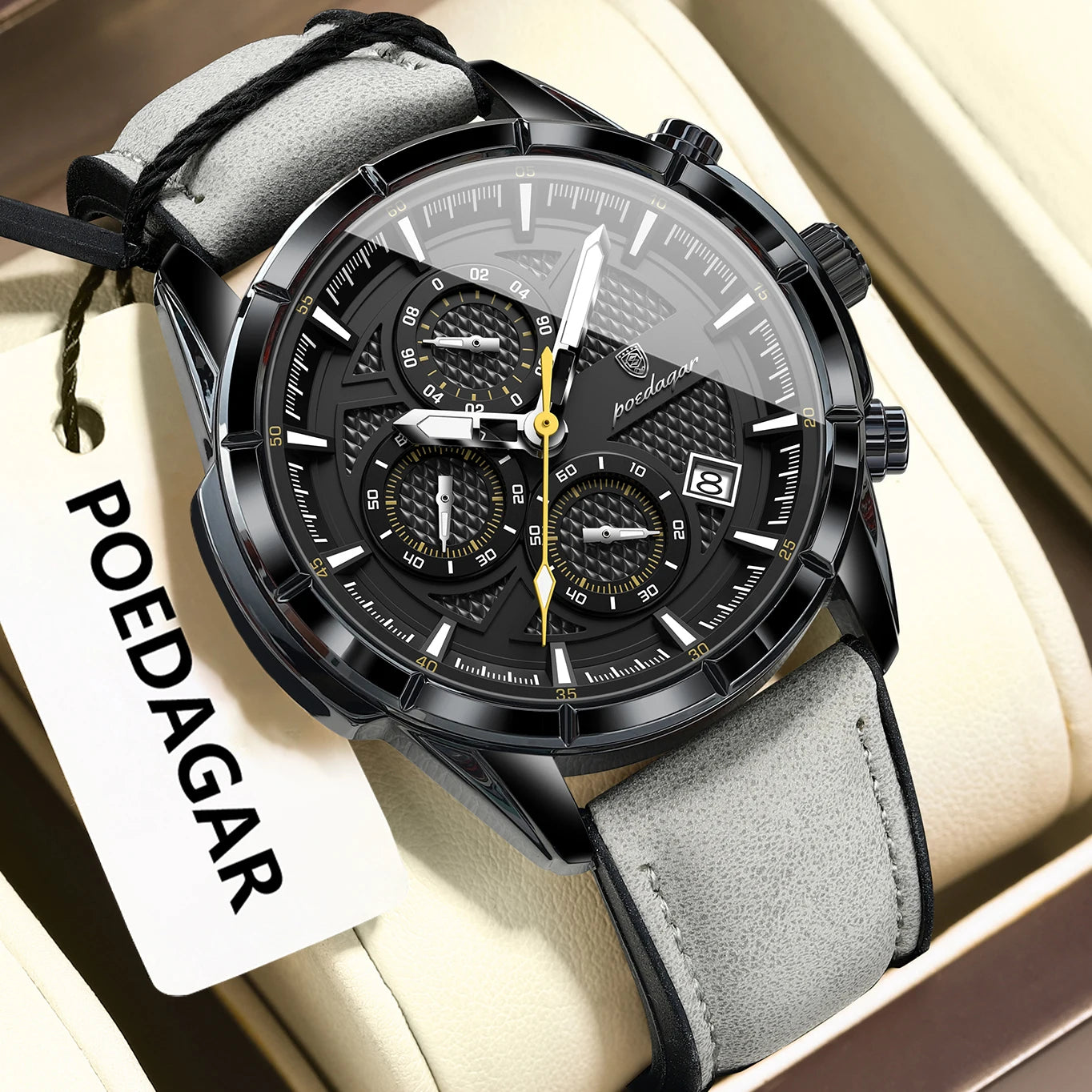 Large Chronograph Watch – Arabic Dial with Leather Strap & Date