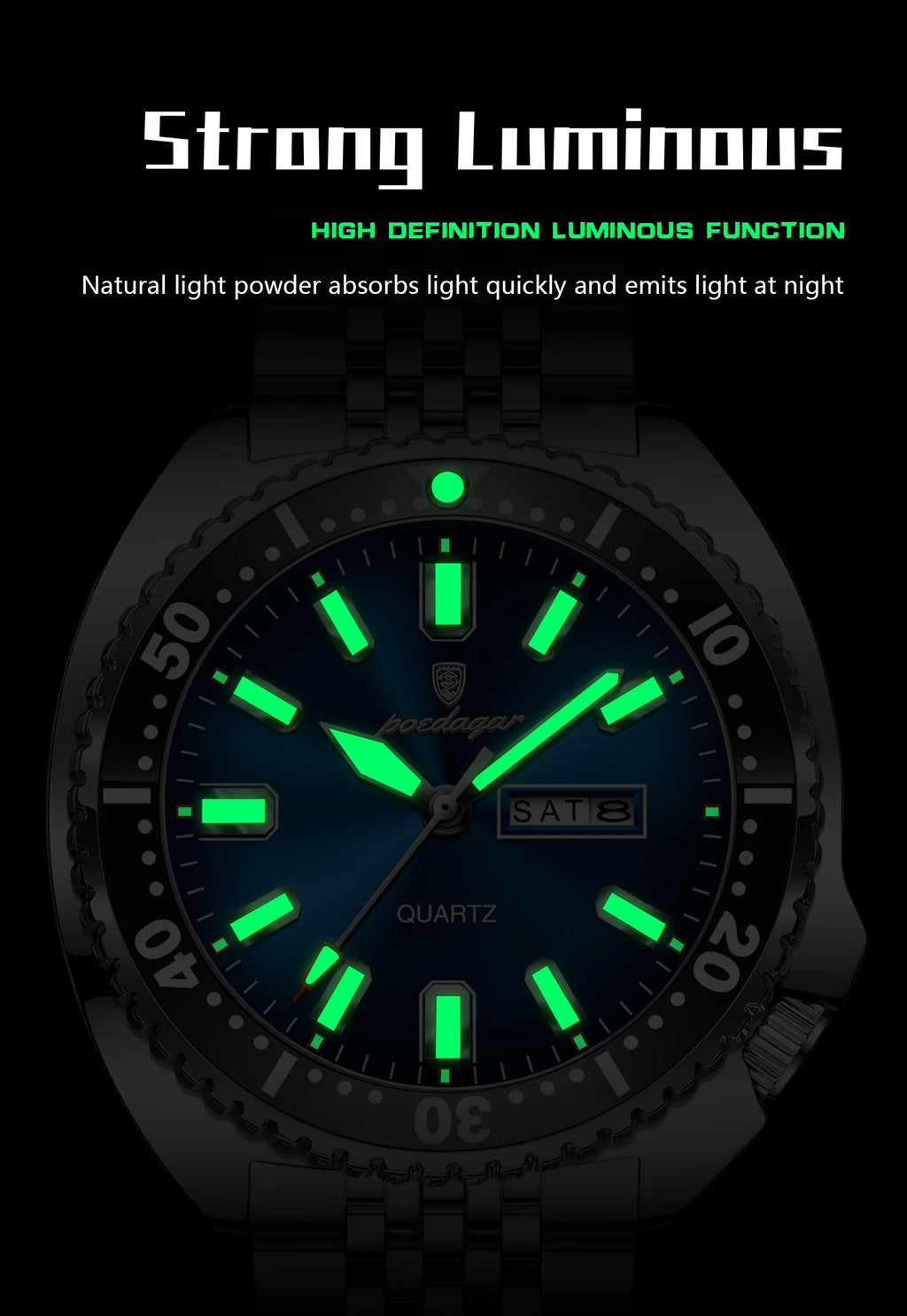 Large Full Calendar Watch – Luminous Numberless Dial with Hidden Clasp Bracelet