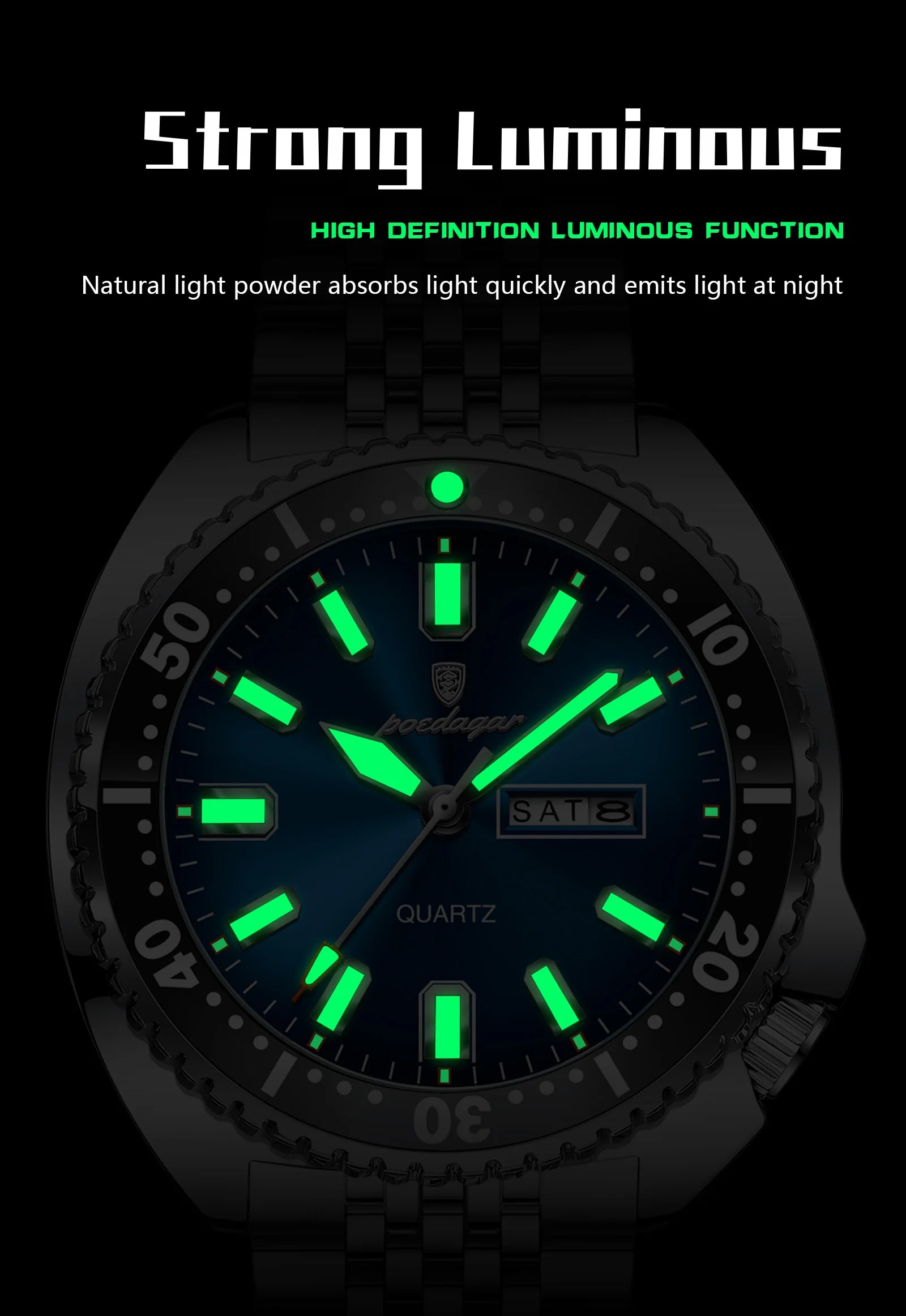 Large Full Calendar Watch – Luminous Numberless Dial with Hidden Clasp Bracelet