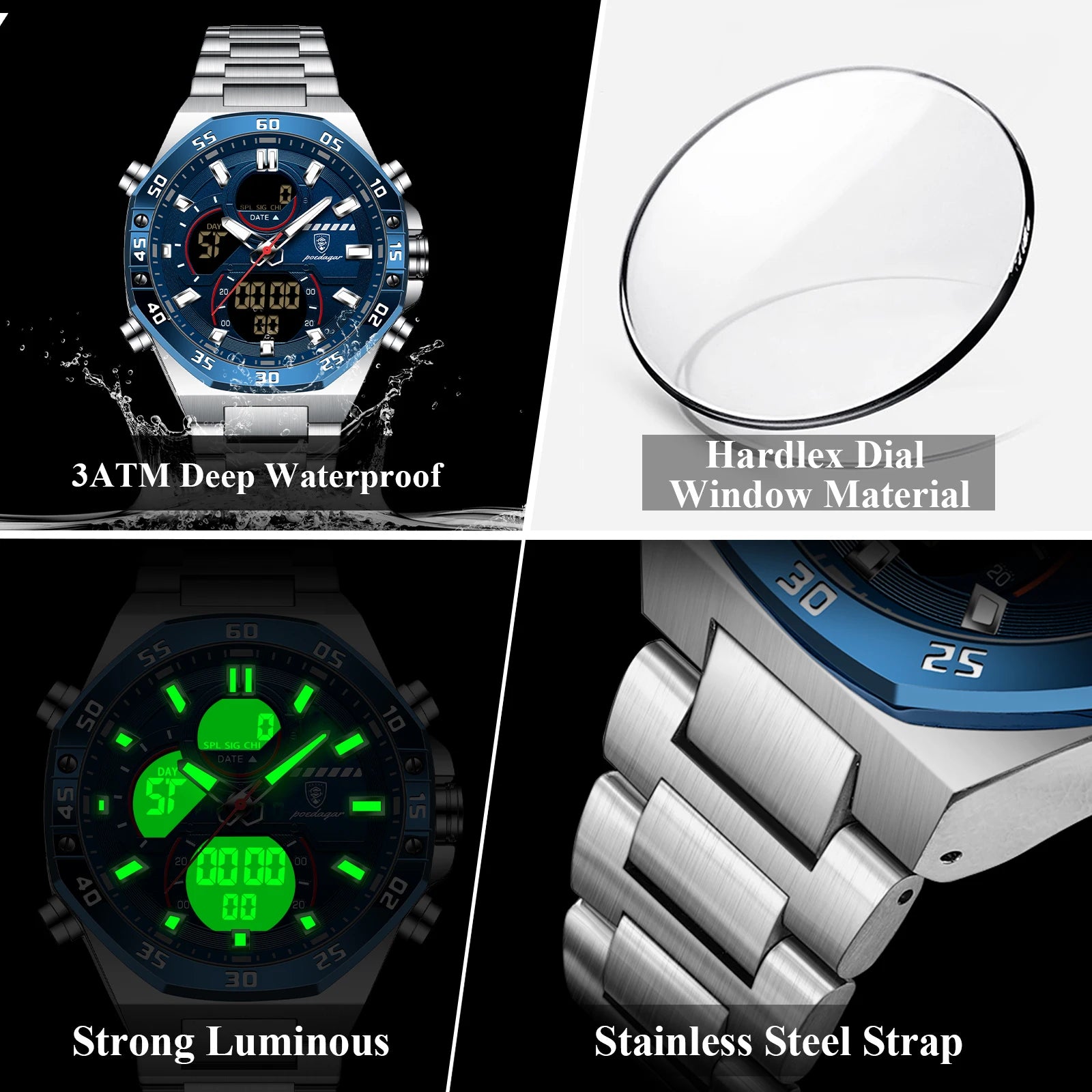 LED Analog-Digital Chronograph Watch – Full Calendar with Alarm & Bracelet