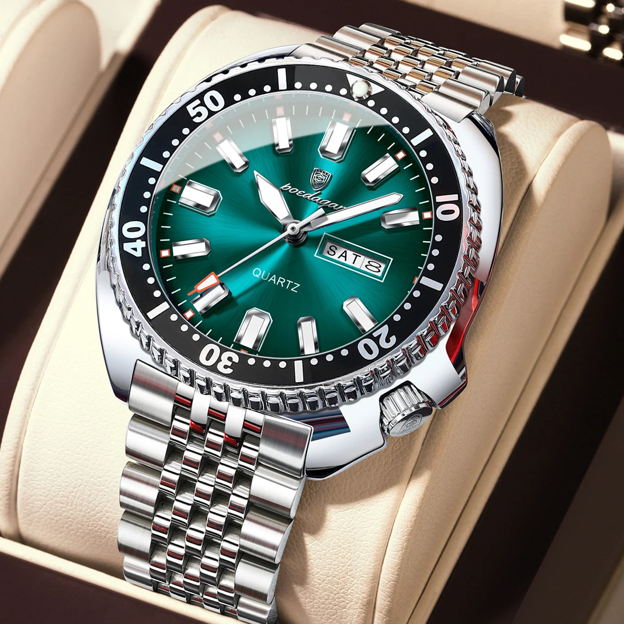 Large Full Calendar Watch – Luminous Numberless Dial with Hidden Clasp Bracelet