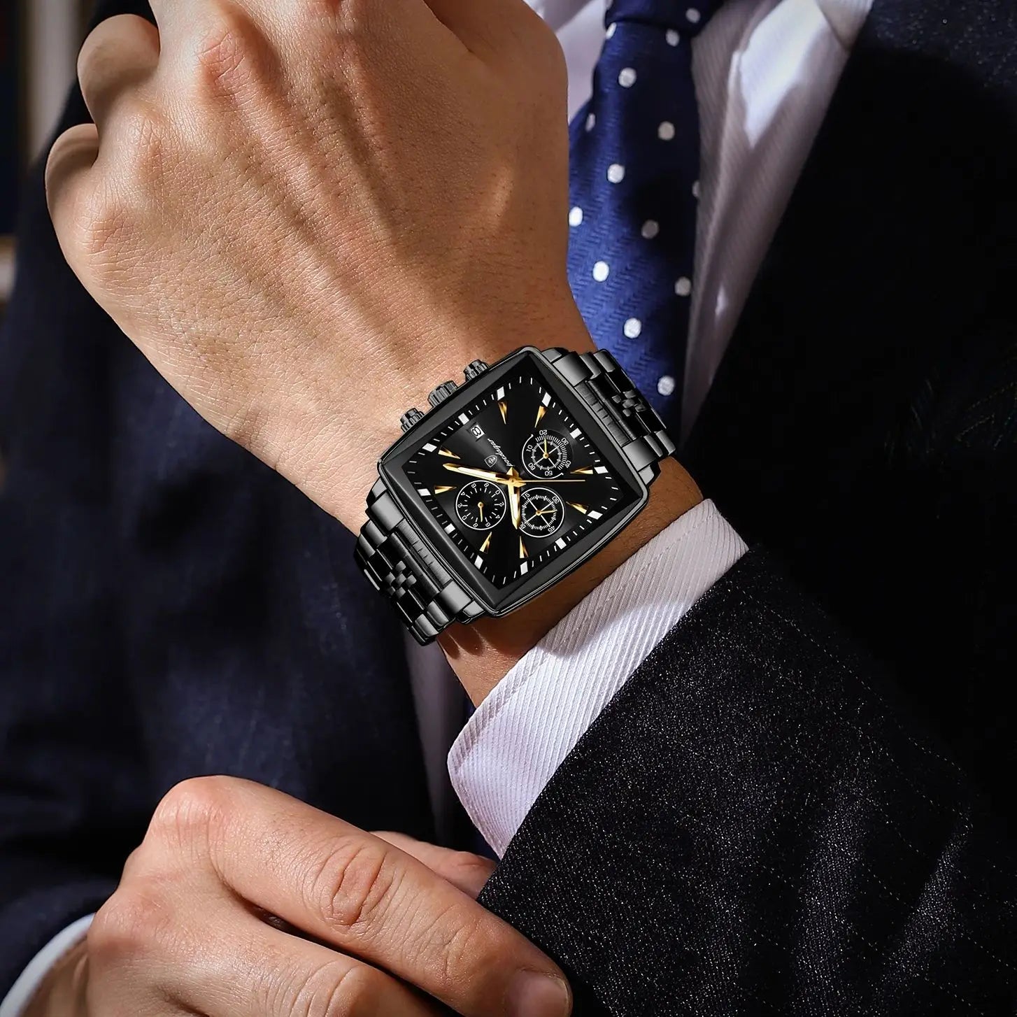 Square Chronograph Watch – Luminous Numberless Dial with Hidden Clasp Bracelet