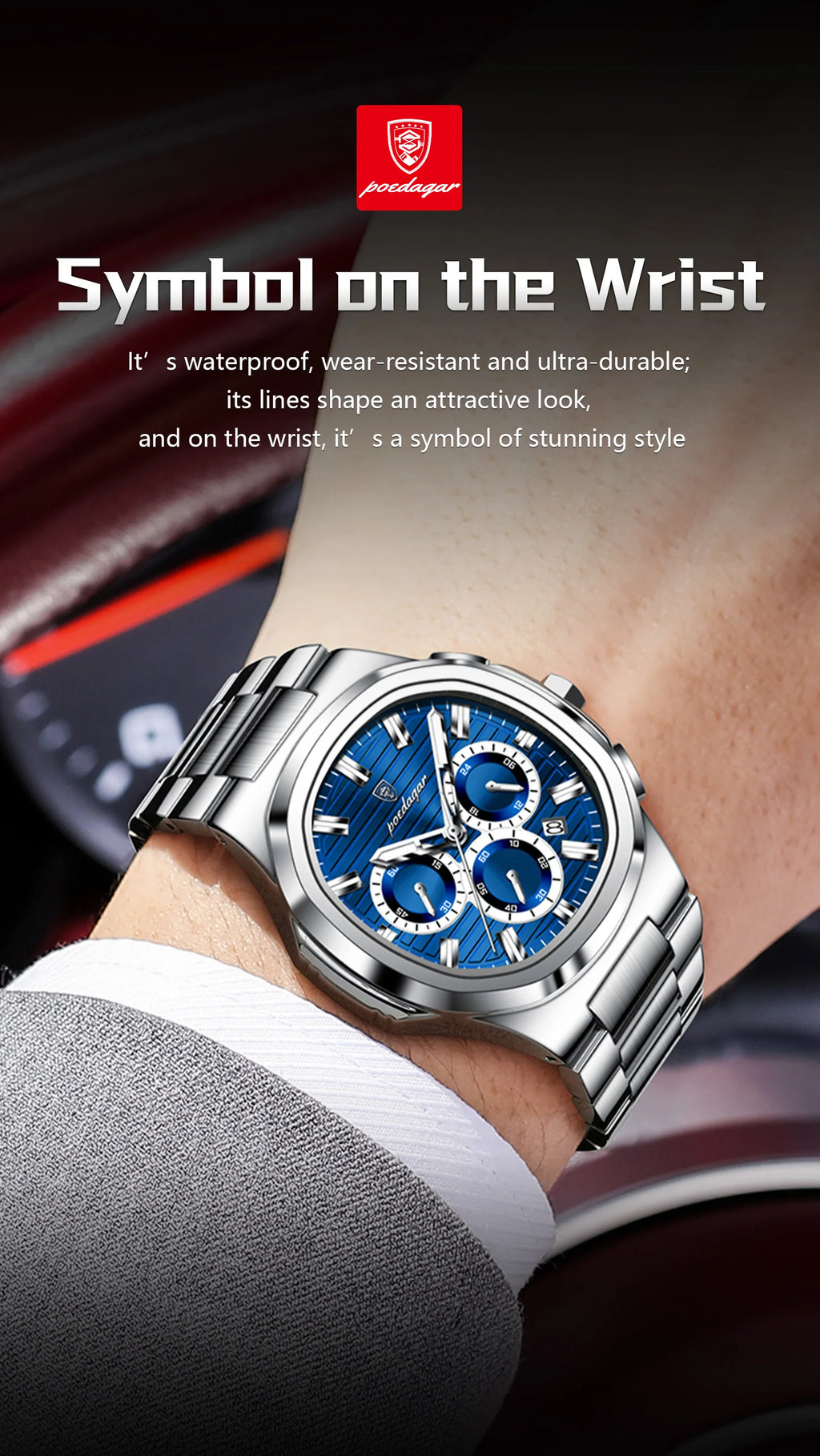 Square Chronograph Watch – Luxe Leather Strap with Luminous Dial & Date