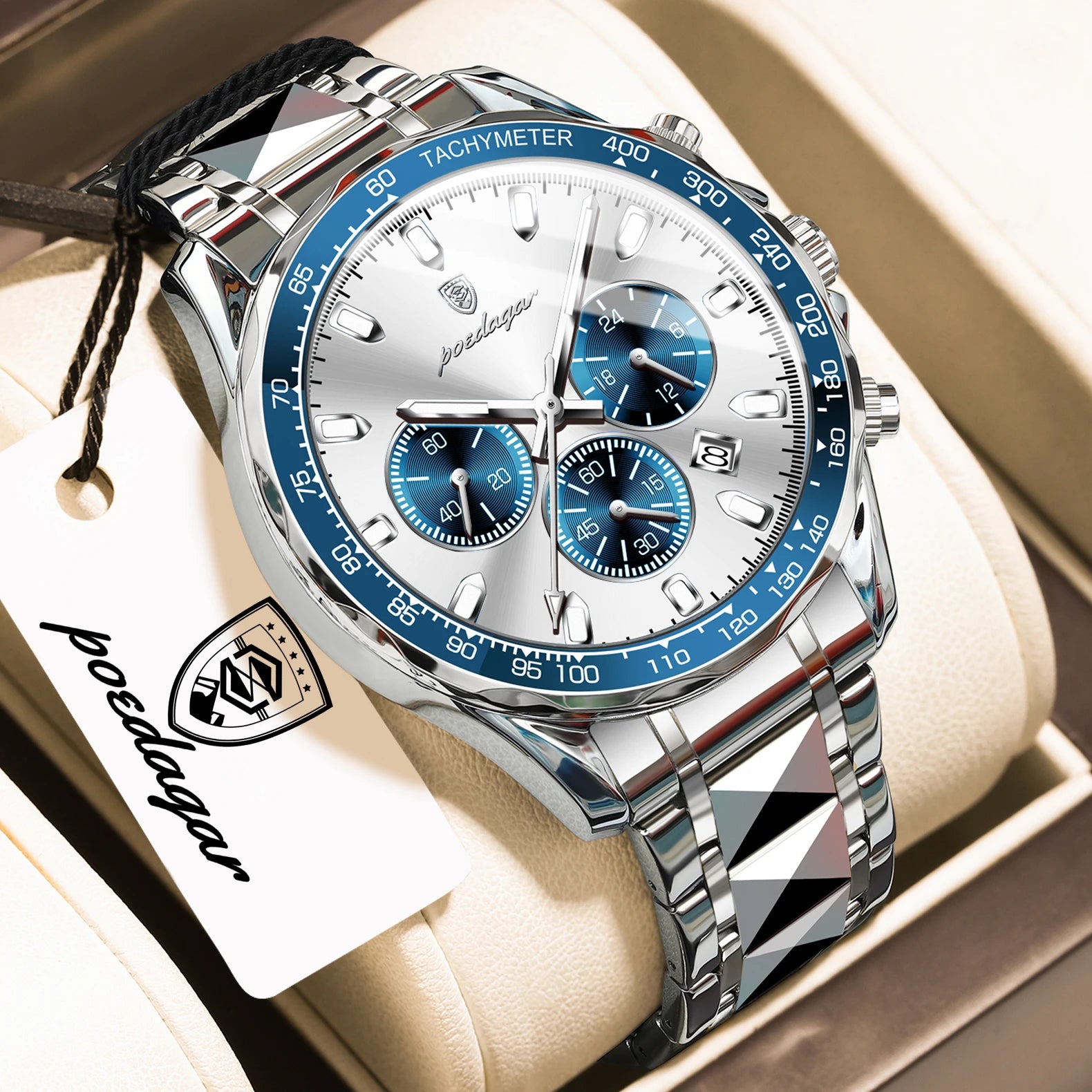 Chronograph Date Watch – Luminous Dial with Hidden Clasp Bracelet