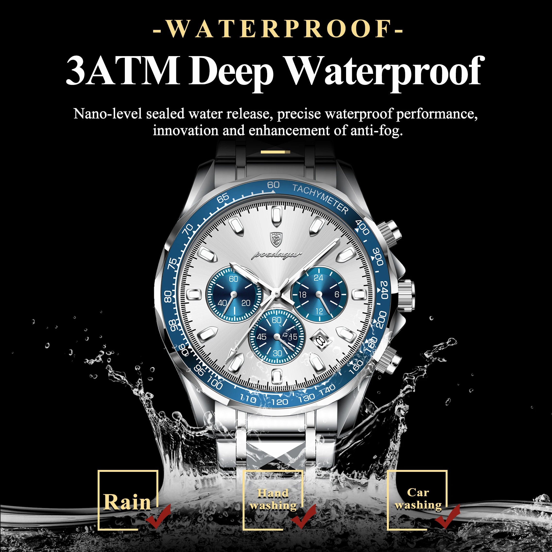 Chronograph Date Watch – Luminous Dial with Hidden Clasp Bracelet