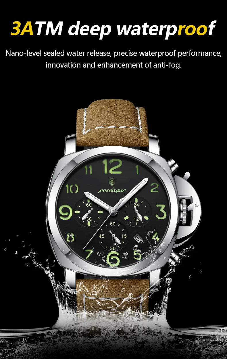 Chronograph Leather Watch – Bold Arabic Dial with Date & Luminous Hands