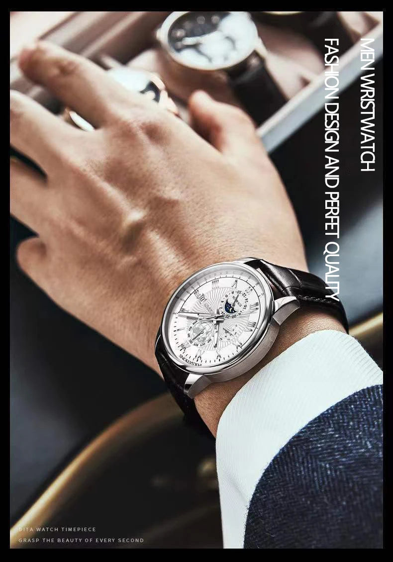 Roman Numeral Full Calendar Watch – Stainless Steel Bracelet with Stopwatch