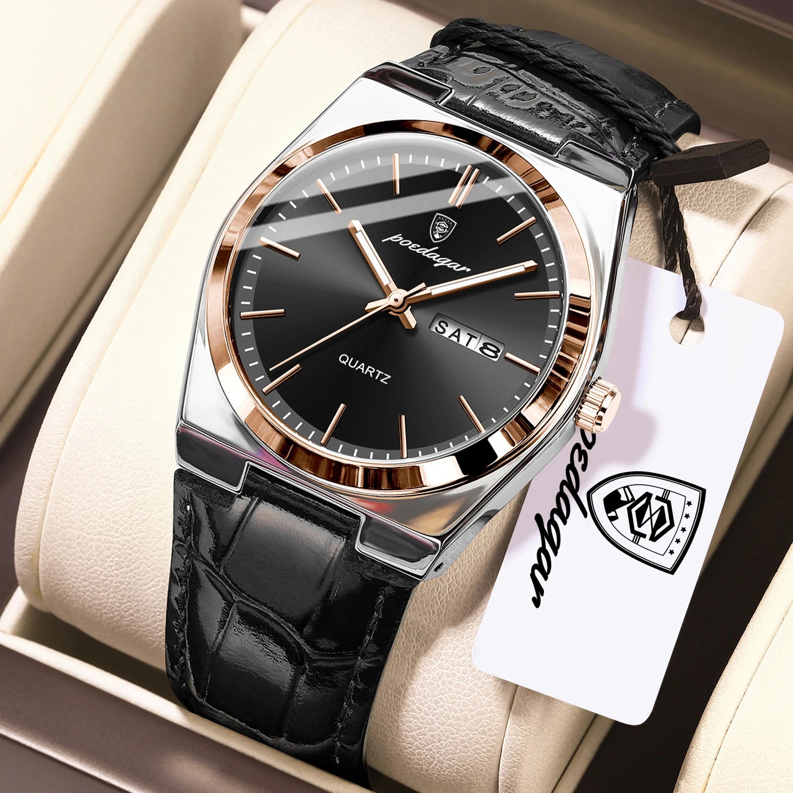 Full Calendar Leather Watch – Luminous Dial with Date, Week & Classic Buckle