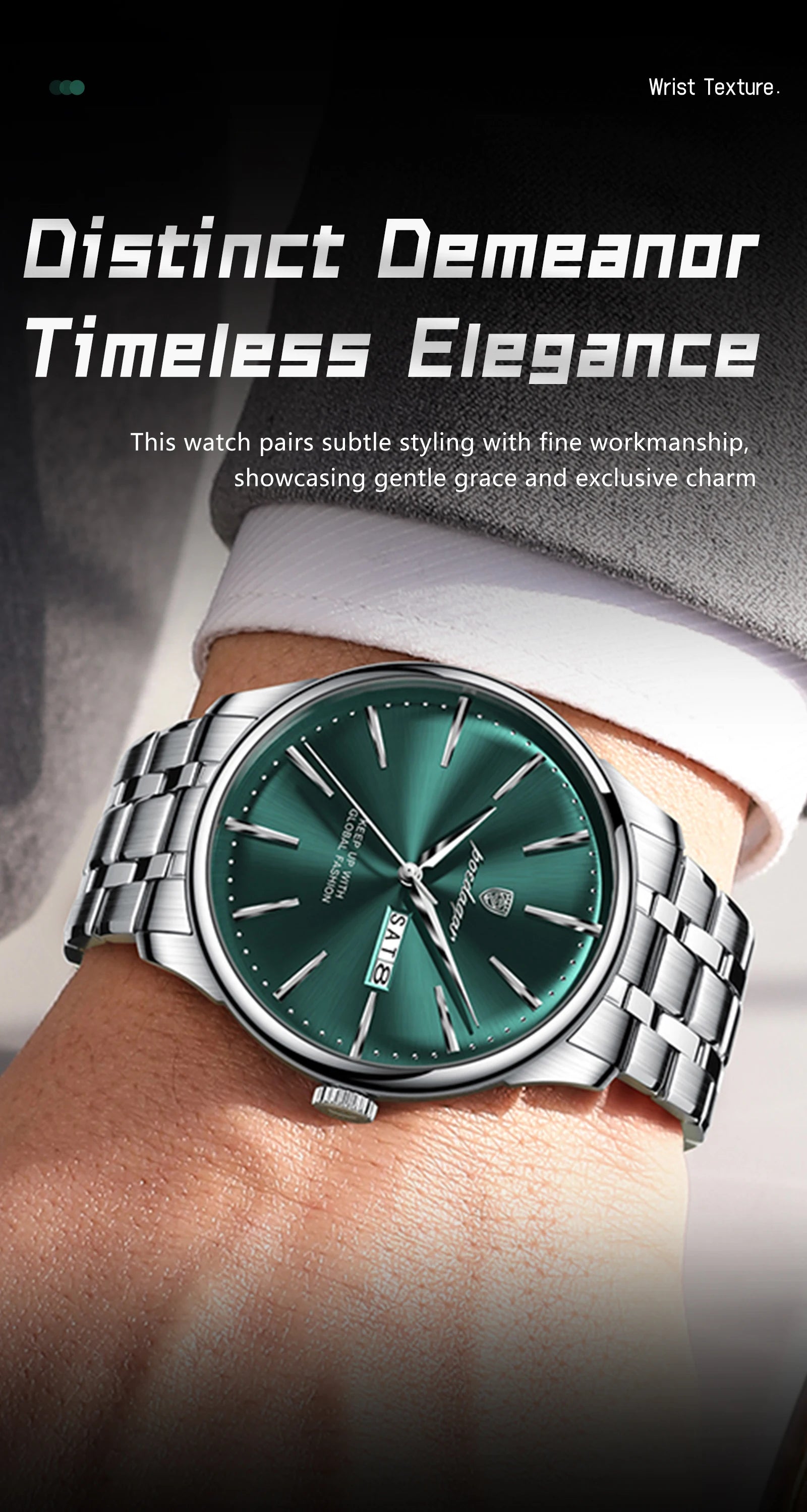 Full Calendar Stainless Steel Watch – Date & Week Display with Hidden Clasp