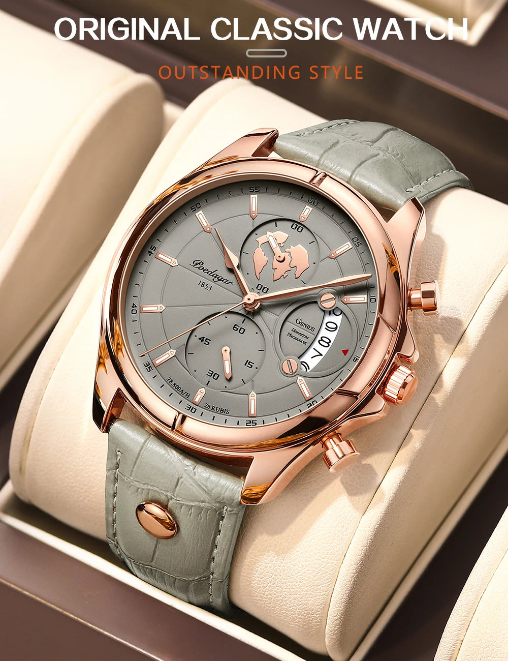 Chronograph Date Watch – Leather Strap with Numberless Dial