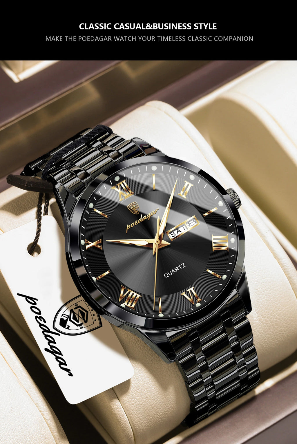 Full Calendar Stainless Steel Watch – Luminous Dial with Date, Week & Hidden Clasp