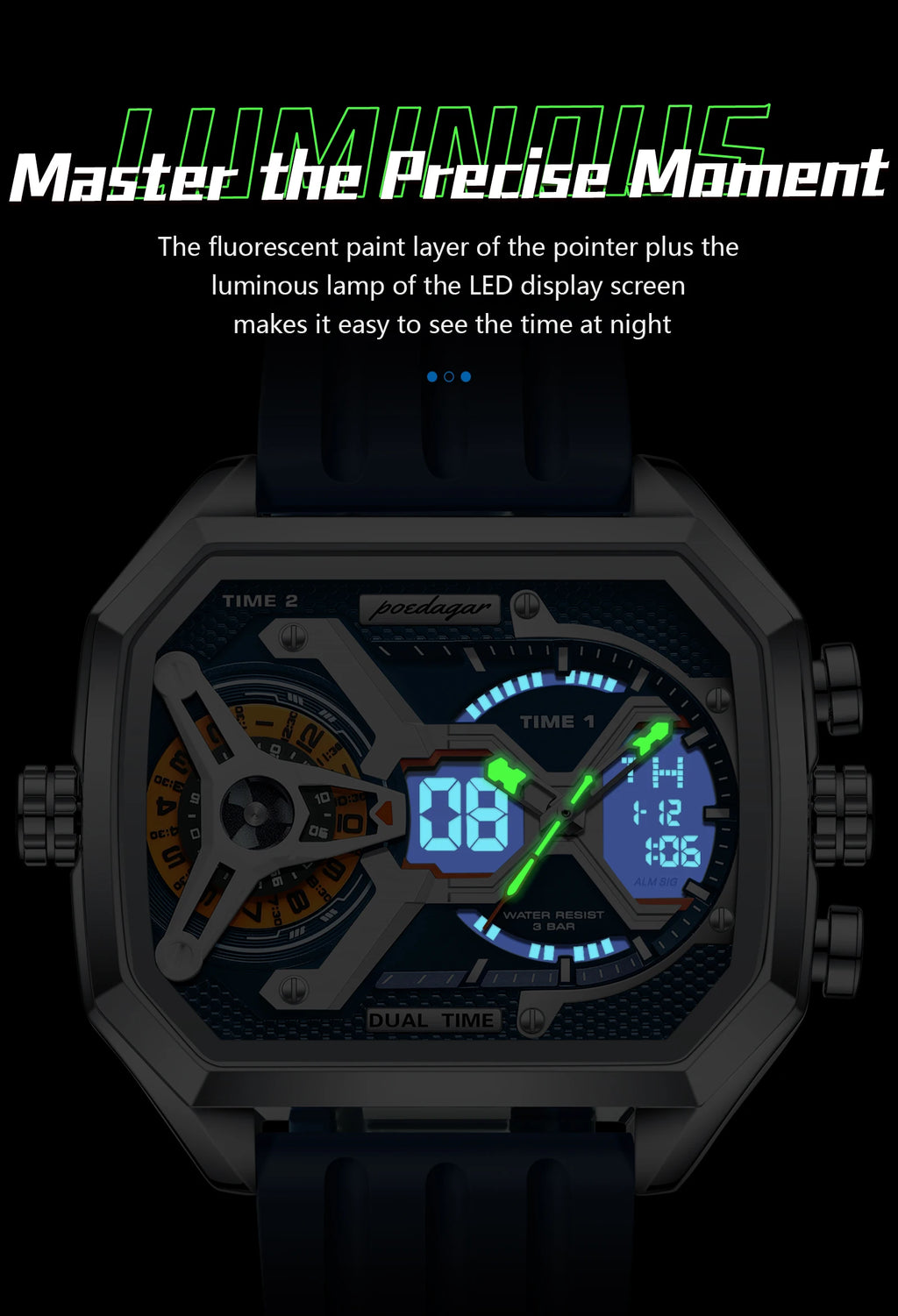 LED Analog-Digital Chronograph Watch – Dual Time & Alarm with Silicone Strap