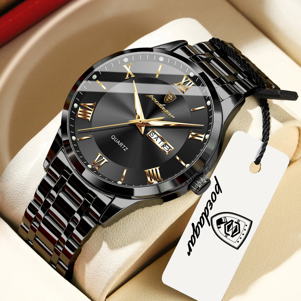 Full Calendar Stainless Steel Watch – Luminous Dial with Date, Week & Hidden Clasp