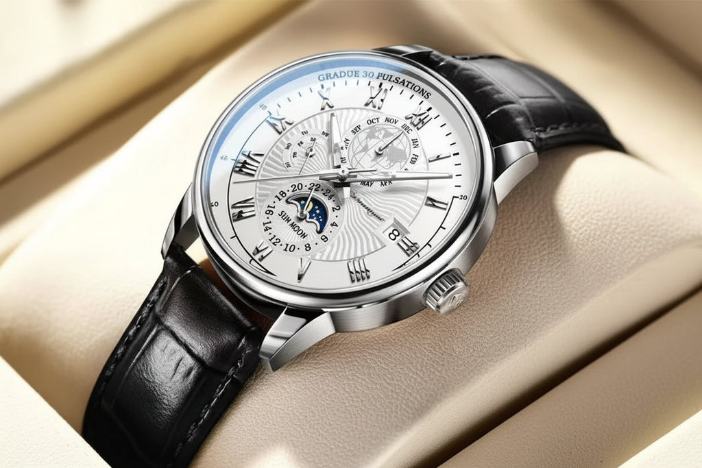 Roman Numeral Full Calendar Watch – Stainless Steel Bracelet with Stopwatch