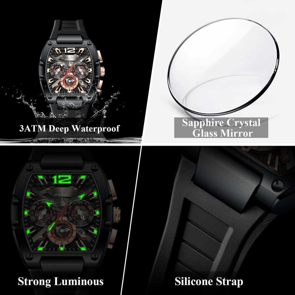 Tonneau Chronograph Watch – Roman Numeral Dial with Sapphire Crystal & Silicone Strap