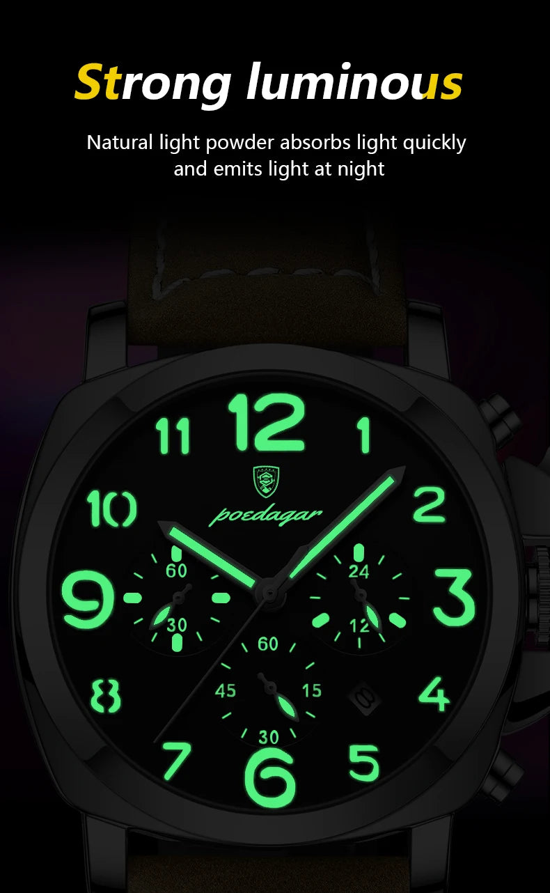Chronograph Leather Watch – Bold Arabic Dial with Date & Luminous Hands