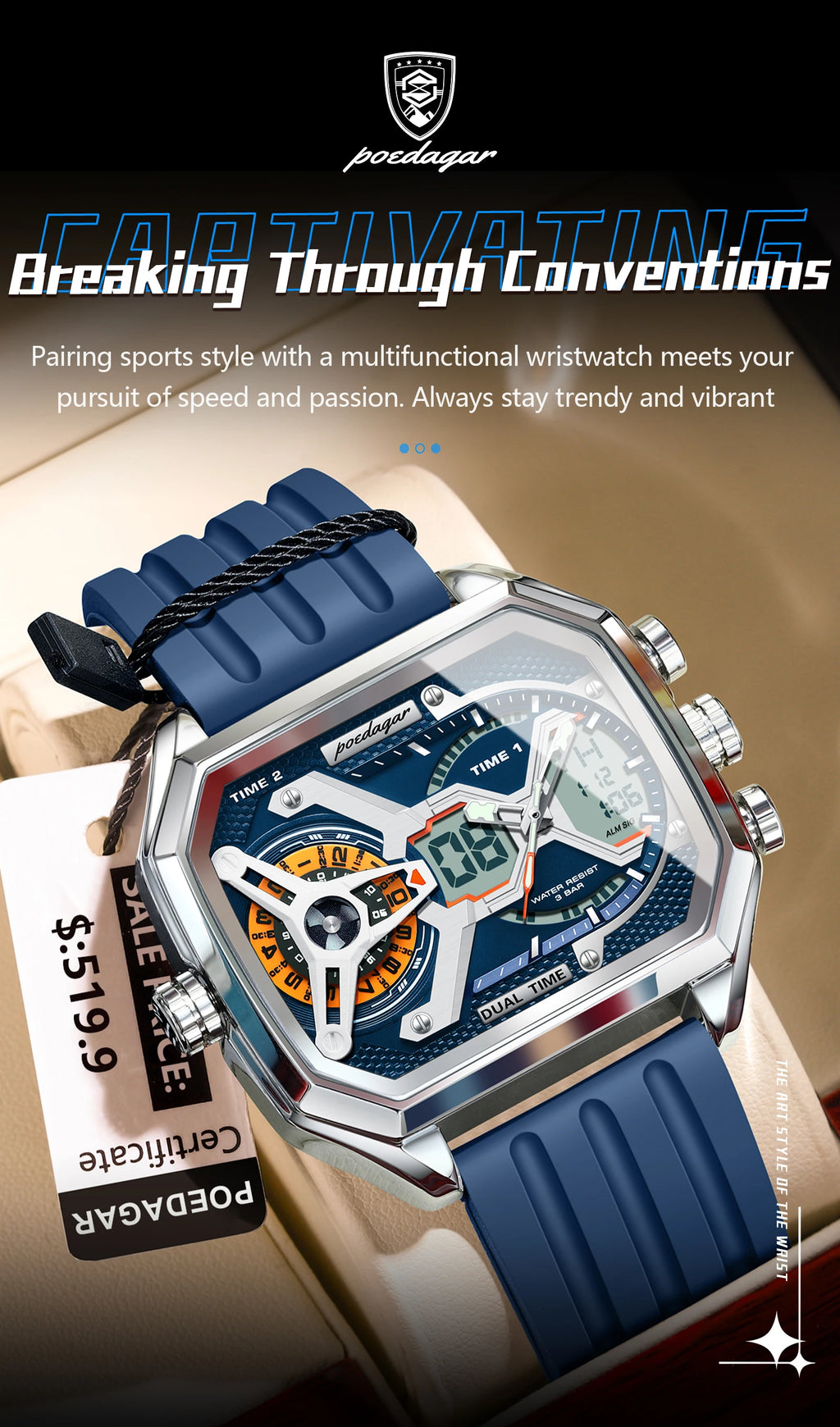 LED Analog-Digital Chronograph Watch – Dual Time & Alarm with Silicone Strap