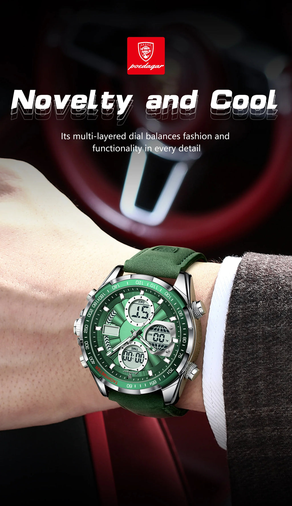 LED Analog-Digital Chronograph Watch – Dual Time & Alarm with Leather Strap